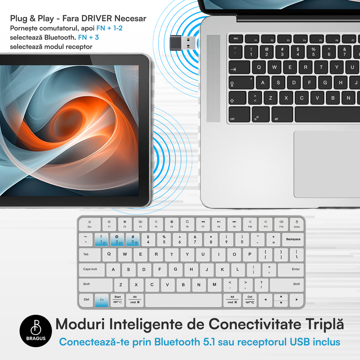 Tastatură Wireless Reîncărcabilă, BRAGUS, Bluetooth 5.1, USB, 500mAh, Ultra Subțire, Aluminiu, Conectare Simultană pe 3 Dispozitive, Compatibilă PC, Windows, Mac, iOS, Android, Type-C, 230g