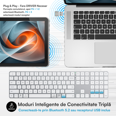 Tastatura Wireless BRAGUS BT 5.2, Aluminiu, 495g, Type-C, Alb