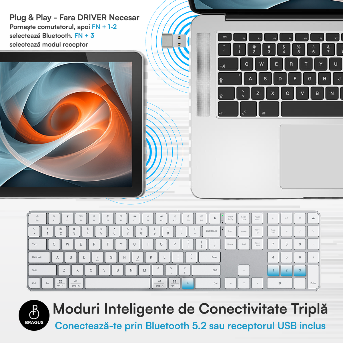 Tastatură Wireless Reîncărcabilă, Bluetooth 5.2, 500mAh, Ultra Subțire, Aluminiu, Taste Scissor Switch, Conectare la 3 Dispozitive, Compatibilă PC, Windows, Mac, iOS, Android, Type-C, 495g