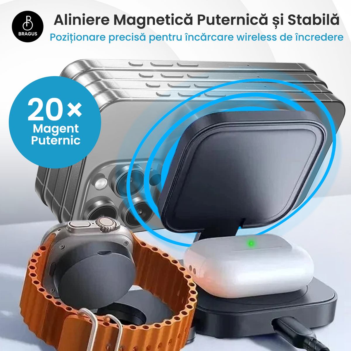 Încărcător Wireless 3 în 1, BRAGUS, Încărcare Simultană 3 Dispozitive, Încărcător Telefon Portabil, Tehnologie MagSafe, Reglabil, Încărcător Wireless Multiport, Compatibil iPhone, Apple Watch, AirPods