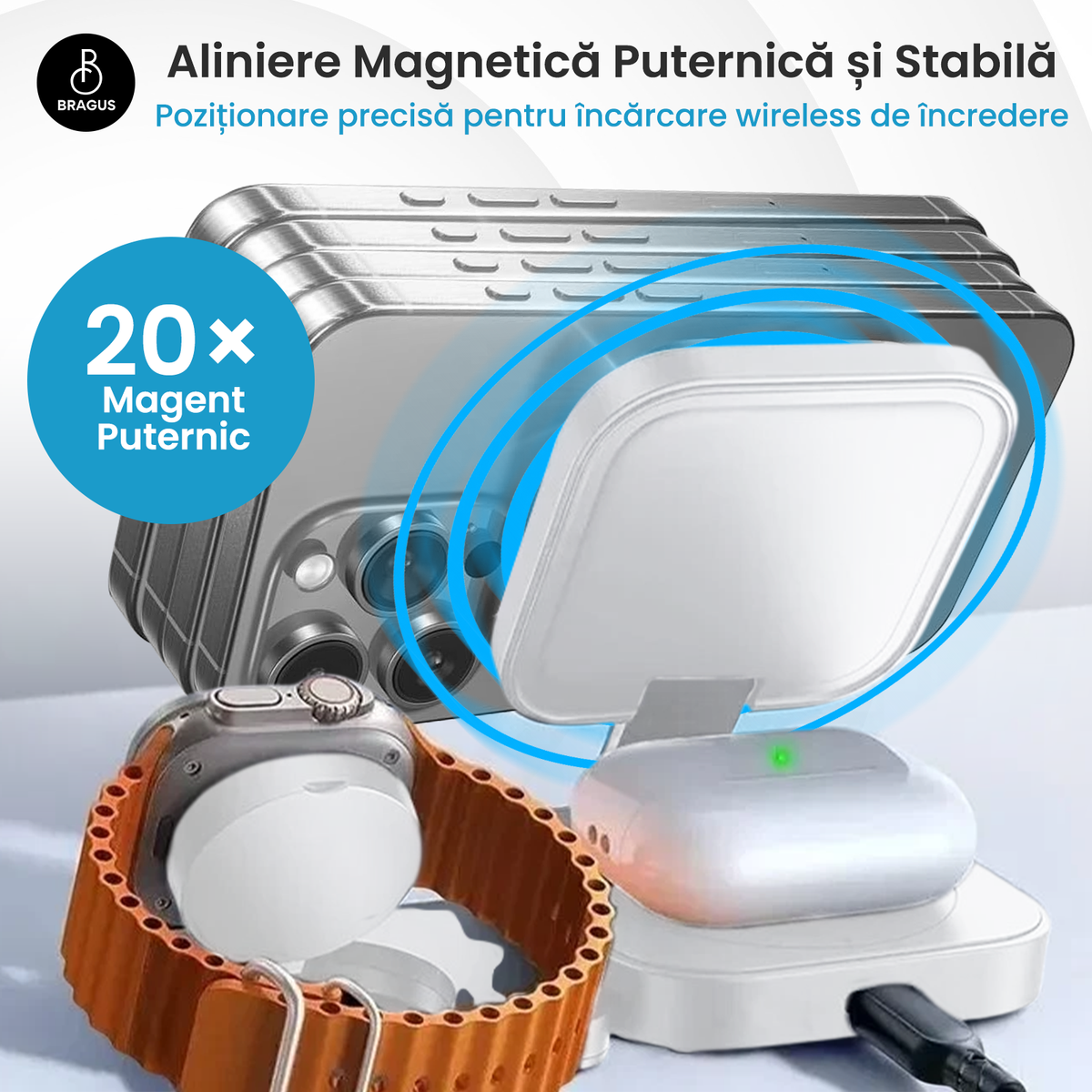 Încărcător Wireless 3 în 1, BRAGUS, Încărcare Simultană 3 Dispozitive, Încărcător Telefon Portabil, Tehnologie MagSafe, Reglabil, Încărcător Wireless Multiport, Compatibil iPhone, Apple Watch, AirPods