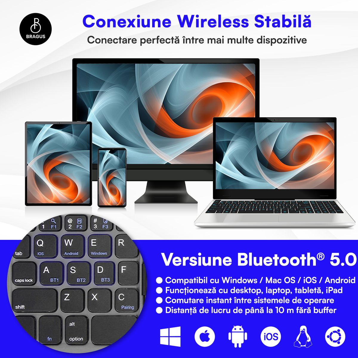 Tastatură Pliabilă Ultra Subțire, Bluetooth 5.0, Reîncărcabilă USB, 140mAh, Autonomie 100h, Pliabilă în 3 secțiuni, 3 Conexiuni Simultane, Wireless, Compatibilă cu Android, iOS, Smart TV, PC, 200g
