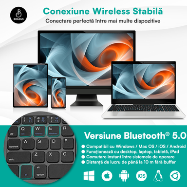 Tastatură wireless pliabilă, ultra-subțire, portabilă, reîncărcabilă USB-C, touch pad cu 2 click-uri, pliabilă în 3 secțiuni, Bluetooth 5.0, compatibilă Android, iOS, Smart TV, tabletă, PC, 200g