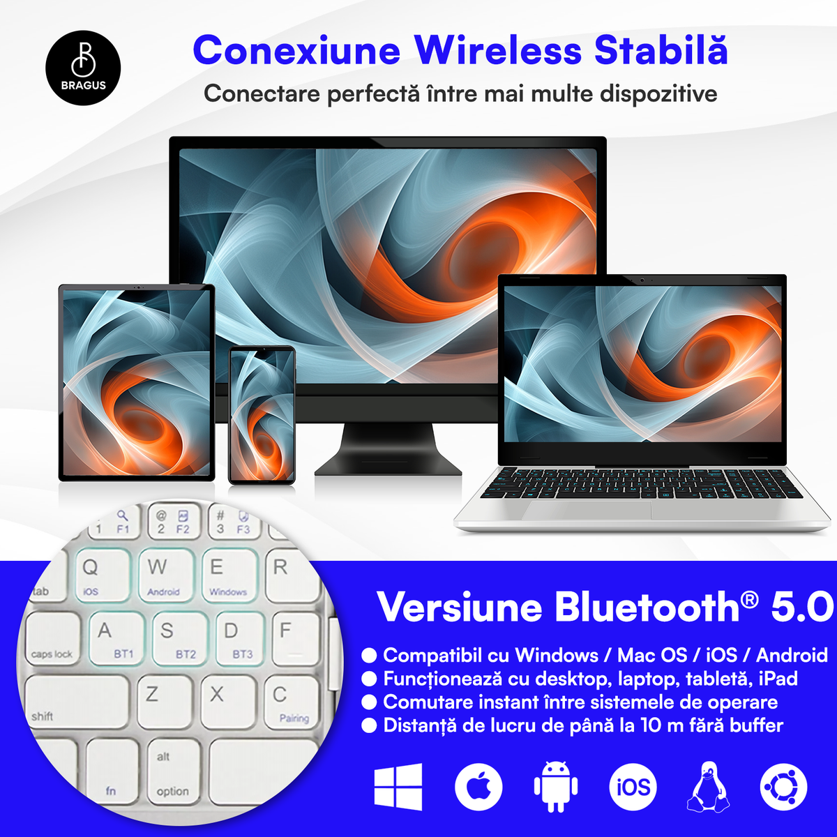 Tastatură Pliabilă Ultra Subțire, Bluetooth 5.0, Reîncărcabilă USB, 140mAh, Autonomie 100h, Pliabilă în 3 secțiuni, 3 Conexiuni Simultane, Wireless, Compatibilă cu Android, iOS, Smart TV, PC, 200g