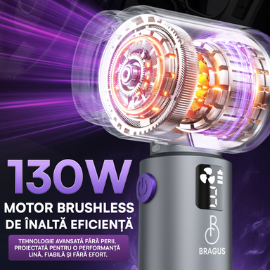 Mini Aspirator Auto Portabil, 20000 PA, Baterie 6000mAh, 130W, 110000RPM, Autonomie până la 42min, Lumină LED, Aspirare, Suflare, Vacuum, 3 Viteze, 7 Accesorii, 2 Filtre HEPA, Pentru Mașină