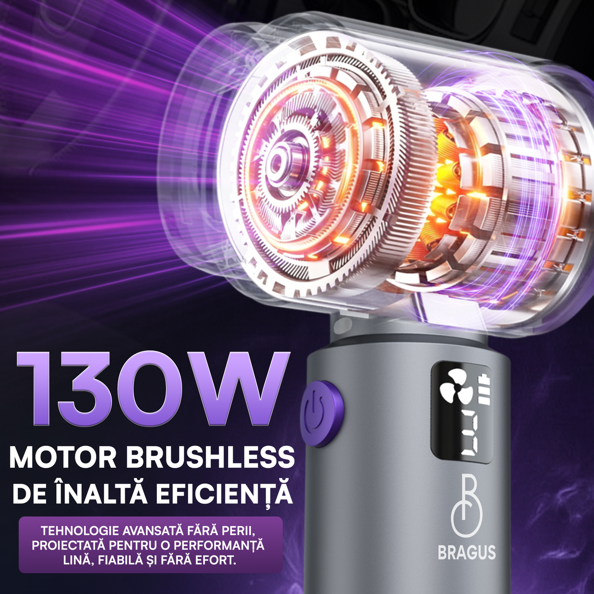 Mini Aspirator Auto Portabil, 20000 PA, Baterie 6000mAh, 130W, 110000RPM, Autonomie până la 42min, Lumină LED, Aspirare, Suflare, Vacuum, 3 Viteze, 7 Accesorii, 2 Filtre HEPA, Pentru Mașină
