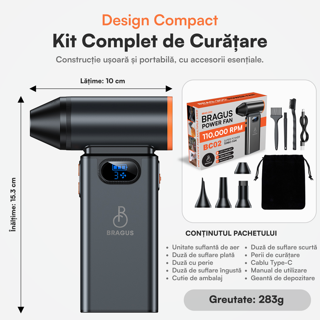 Suflantă Aer Comprimat, Portabilă, Turbo 110000 RPM, 4 Trepte de Viteză, Baterie 5200 mAh, Lumină LED, Până la 60 Minute Utilizare, Reîncărcabilă USB-C, Motor Brushless 100W, Pentru Curte sau Mașină