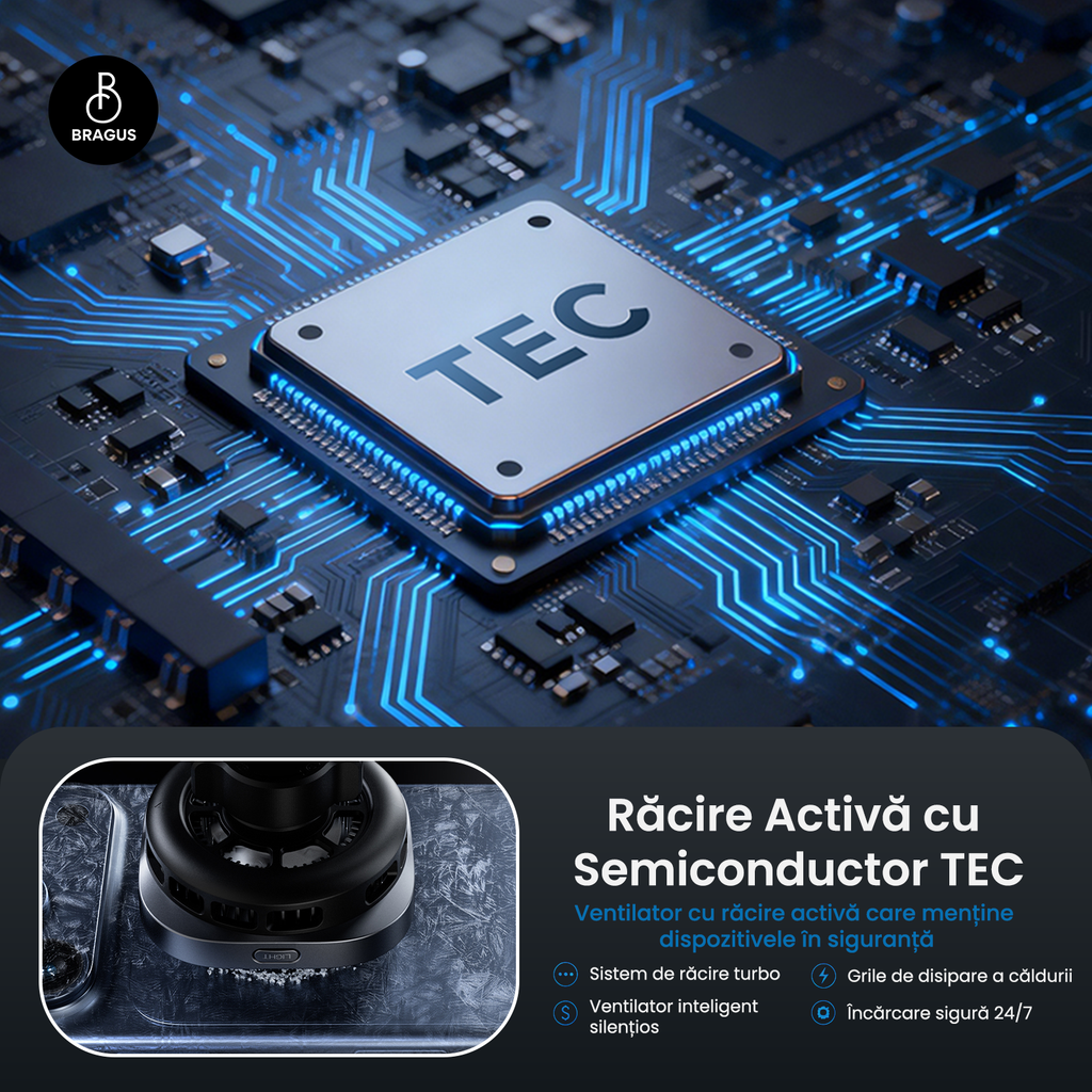 Încărcător Auto Wireless Magnetic, Încărcare Rapidă 25W, Funcție Răcire Integrată, Fixare Puternică, Protocol QI2.2, Lumină Ambientală, Adaptor 45W Inclus, Tehnologie MagSafe, Suport Pentru Telefon