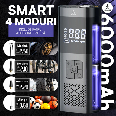Compresor Auto Portabil, 3 în 1, Baterie 6000mAh tip Powerbank, Digital, Manometru, Lanternă LED, 150PSI, Debit 20L, Pompă Aer Mașină, 4 Accesorii, Încărcare USB, Umflare Roți, Minge, Bicicletă, Negru