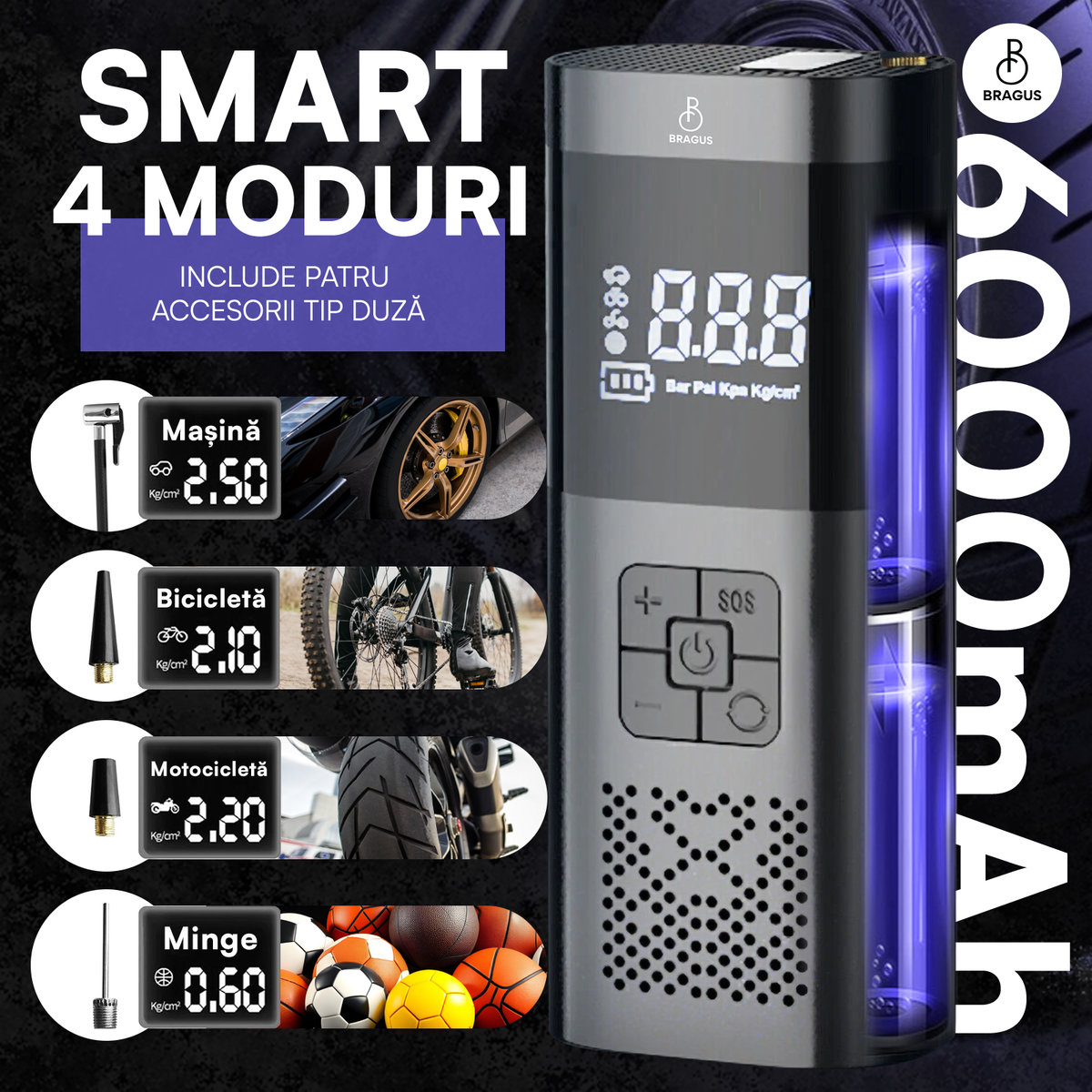 Compresor Auto Portabil, 3 în 1, Baterie 6000mAh tip Powerbank, Digital, Manometru, Lanternă LED, 150PSI, Debit 20L, Pompă Aer Mașină, 4 Accesorii, Încărcare USB, Umflare Roți, Minge, Bicicletă, Negru