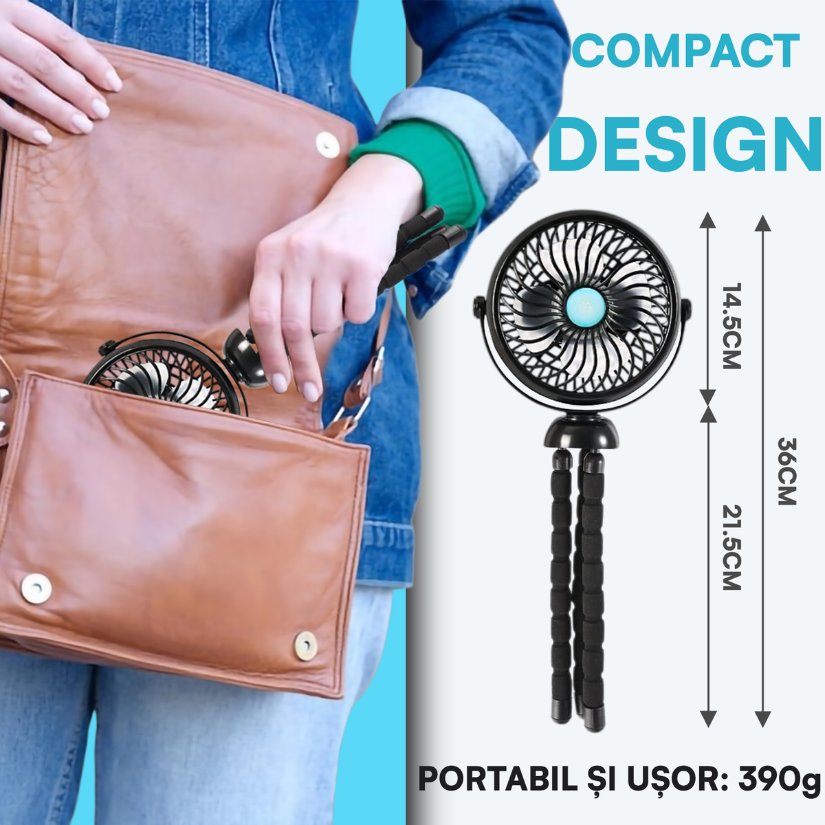 Ventilator Portabil, Trepied Flexibil și Detașabil, Baterie 2600mAh, Autonomie 10h, Reîncărcabil USB, 3 Trepte, Rotire 360, Silențios, Ventilator Mobil Birou, Călătorie, Camping, Mașină, Casă, Negru