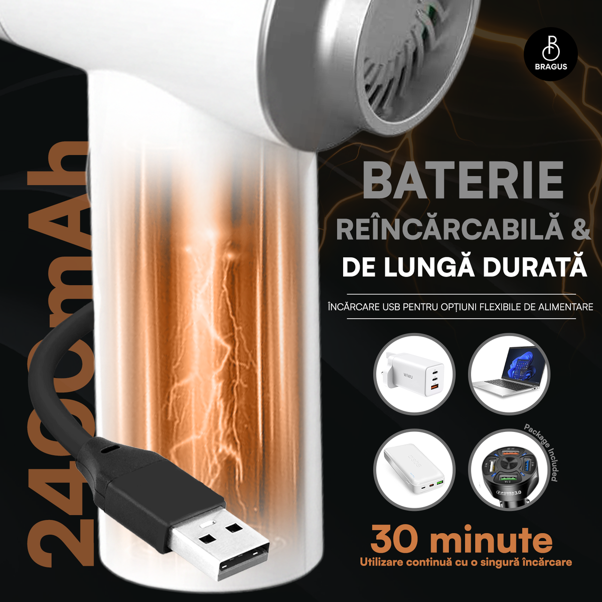 Mini Aspirator Auto Portabil, Acumulator 2400mAh, 9000Pa, 120W, Autonomie 30min, 2 în 1 Aspirare și Suflare, Vidare, Umflare, LED, Filtru HEPA, 3 Filtre Incluse, pentru Mașină și Casă, Încărcare USB