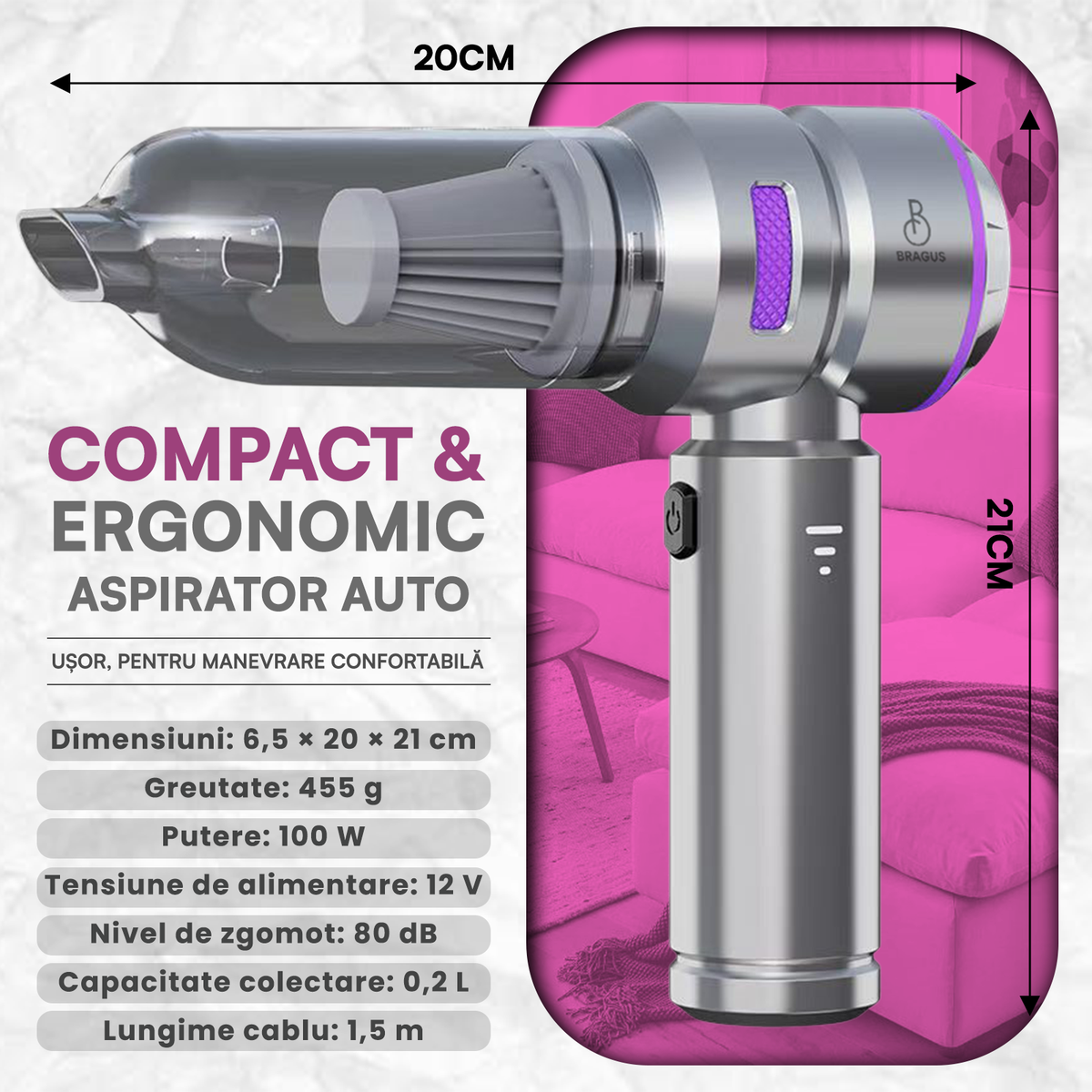 Mini Aspirator Auto Portabil, 16000 PA, Baterie 6000mAh, 100W, 90000RPM, Autonomie 30min, Aspirare, Suflare, Vacuum, 3 Viteze, 9 Accesorii, 3 Filtre HEPA Reutilizabile, Pentru Mașină și Casă