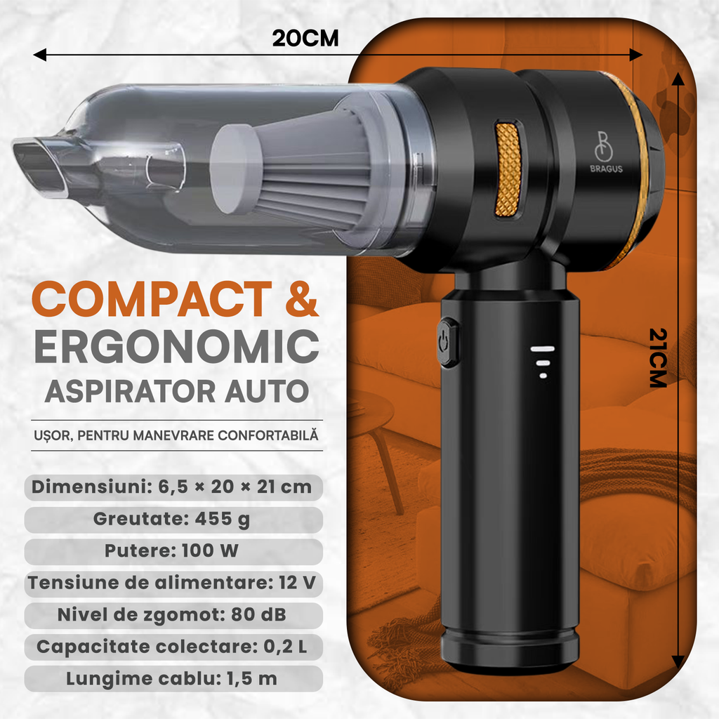 Mini Aspirator Auto Portabil, 16000 PA, Baterie 6000mAh, 100W, 90000RPM, Autonomie 30min, Aspirare, Suflare, Vacuum, 3 Viteze, 9 Accesorii, 3 Filtre HEPA Reutilizabile, Pentru Mașină și Casă