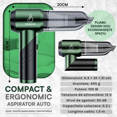 Mini Aspirator Portabil, BRAGUS, Pliabil, 16000Pa, 100W, Baterie 6000mAh, Autonomie 30min, 2în1 Aspirare și Suflare, Vidare, Umflare, 9 Accesorii, 3 Viteze, Filtru HEPA Reutilizabil, 3 Filtre