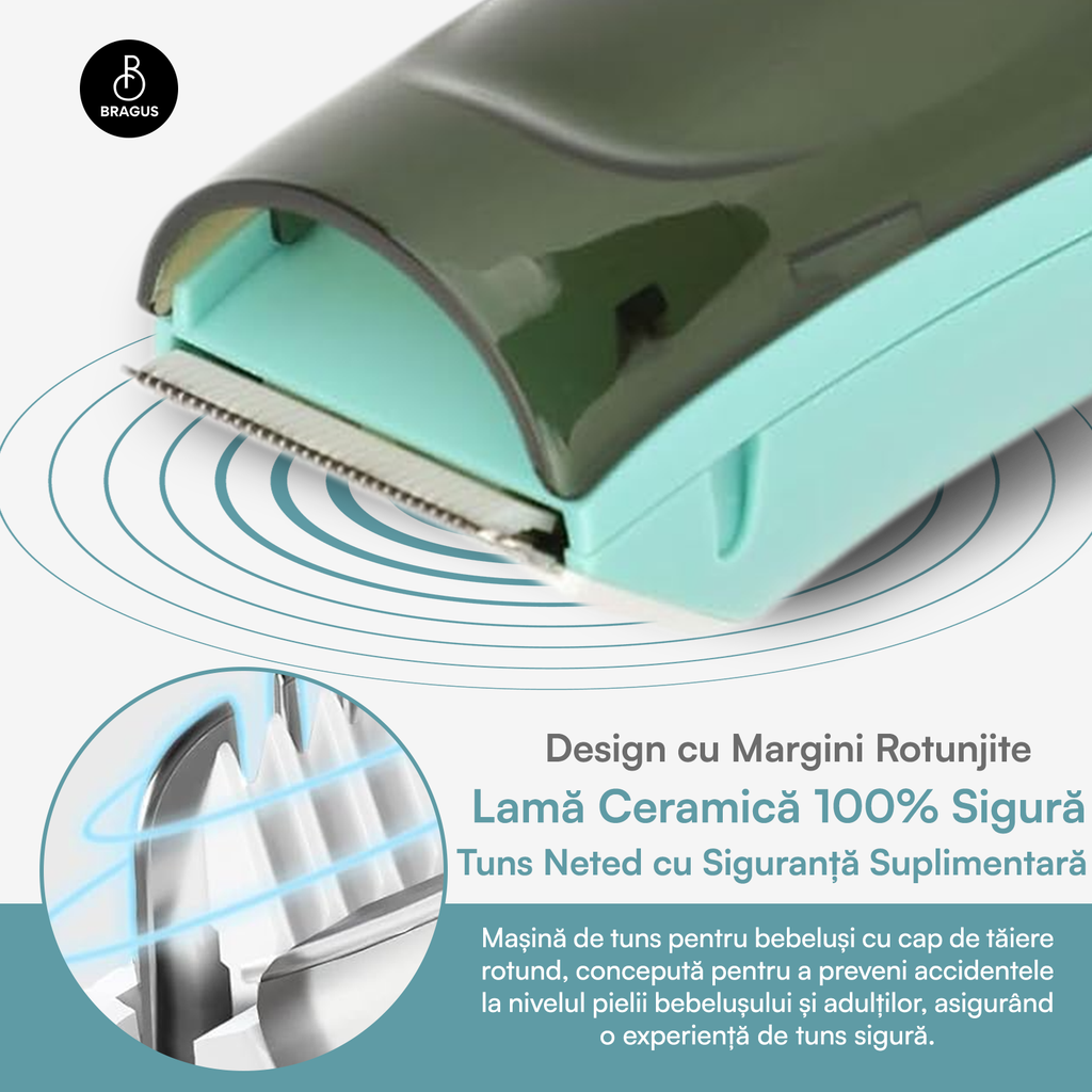 Aparat de Tuns pentru Bebelusi, Copii si Adulti, BRAGUS, 600mAh, 2 Trepte de Viteza, 2 Motoare Silentioase, Functie de Aspirare a Parului, Rezistent la Apa IPX7, Reincarcabil USB, 3 Piepteni Inclusi
