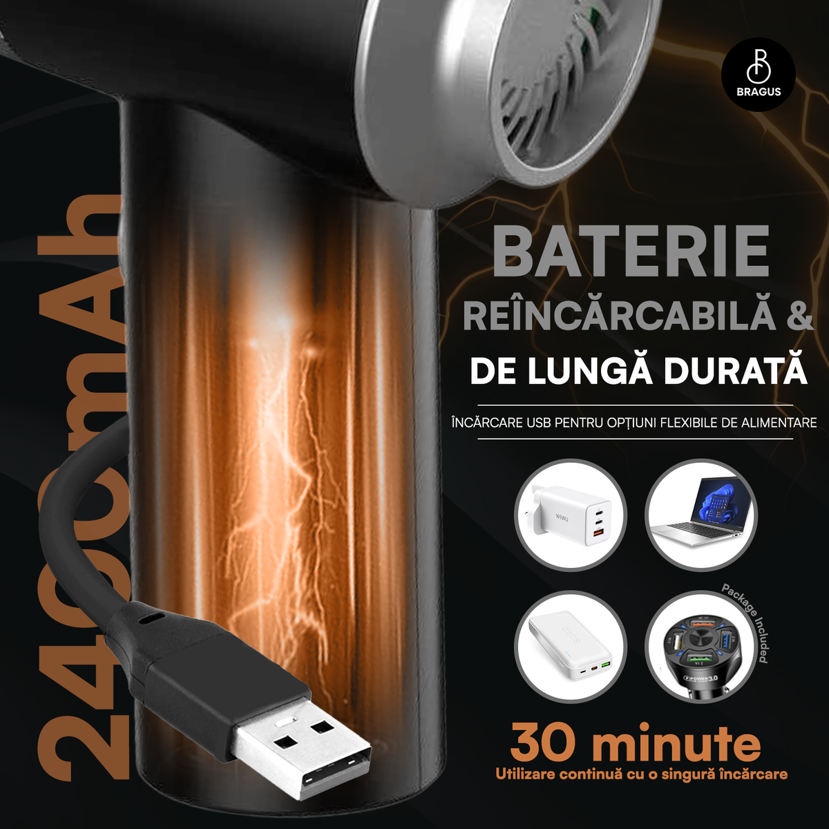 Mini Aspirator Auto Portabil, Acumulator 2400mAh, 9000Pa, 120W, Autonomie 30min, 2 în 1 Aspirare și Suflare, Vidare, Umflare, LED, Filtru HEPA, 3 Filtre Incluse, pentru Mașină și Casă, Încărcare USB