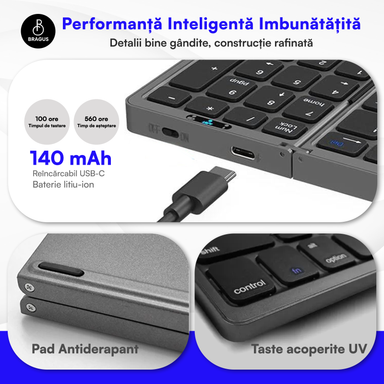 Tastatură Pliabilă Ultra Subțire, Bluetooth 5.0, Reîncărcabilă USB, 140mAh, Autonomie 100h, Pliabilă în 3 secțiuni, 3 Conexiuni Simultane, Wireless, Compatibilă cu Android, iOS, Smart TV, PC, 200g