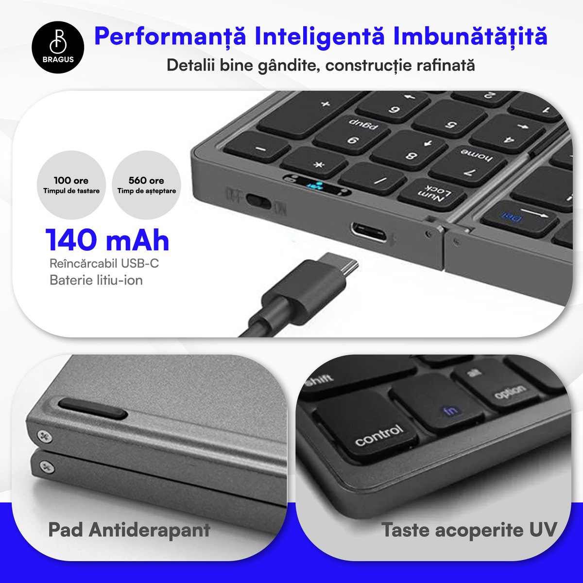 Tastatură Pliabilă Ultra Subțire, Bluetooth 5.0, Reîncărcabilă USB, 140mAh, Autonomie 100h, Pliabilă în 3 secțiuni, 3 Conexiuni Simultane, Wireless, Compatibilă cu Android, iOS, Smart TV, PC, 200g