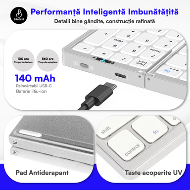 Tastatură Pliabilă Ultra Subțire, Bluetooth 5.0, Reîncărcabilă USB, 140mAh, Autonomie 100h, Pliabilă în 3 secțiuni, 3 Conexiuni Simultane, Wireless, Compatibilă cu Android, iOS, Smart TV, PC, 200g
