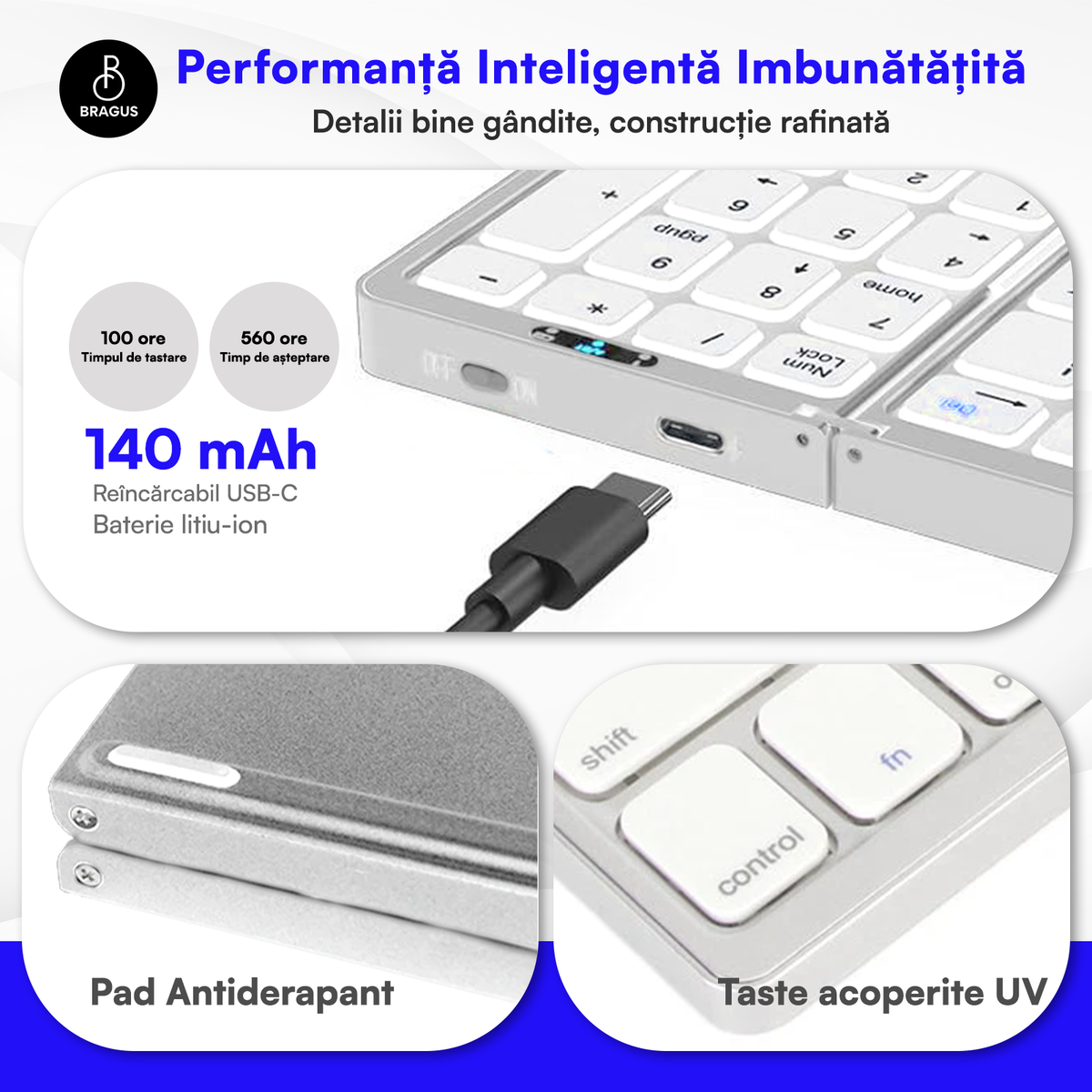 Tastatură Pliabilă Ultra Subțire, Bluetooth 5.0, Reîncărcabilă USB, 140mAh, Autonomie 100h, Pliabilă în 3 secțiuni, 3 Conexiuni Simultane, Wireless, Compatibilă cu Android, iOS, Smart TV, PC, 200g