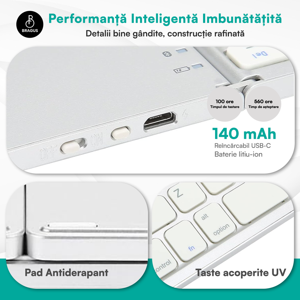 Tastatură wireless pliabilă, ultra-subțire, portabilă, reîncărcabilă USB-C, touch pad cu 2 click-uri, pliabilă în 3 secțiuni, Bluetooth 5.0, compatibilă Android, iOS, Smart TV, tabletă, PC, 200g