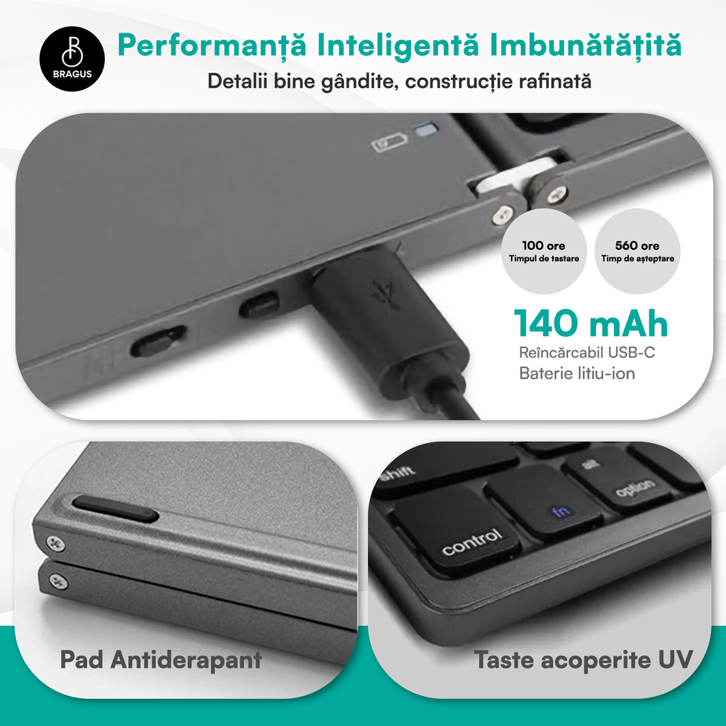 Tastatură wireless pliabilă, ultra-subțire, portabilă, reîncărcabilă USB-C, touch pad cu 2 click-uri, pliabilă în 3 secțiuni, Bluetooth 5.0, compatibilă Android, iOS, Smart TV, tabletă, PC, 200g