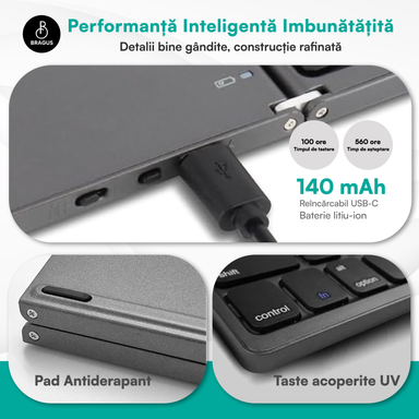 Tastatură wireless pliabilă, ultra-subțire, portabilă, reîncărcabilă USB-C, touch pad cu 2 click-uri, pliabilă în 3 secțiuni, Bluetooth 5.0, compatibilă Android, iOS, Smart TV, tabletă, PC, 200g
