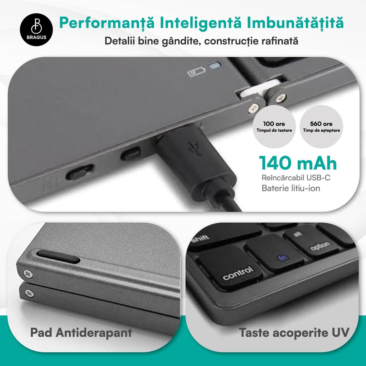 Tastatură wireless pliabilă, ultra-subțire, portabilă, reîncărcabilă USB-C, touch pad cu 2 click-uri, pliabilă în 3 secțiuni, Bluetooth 5.0, compatibilă Android, iOS, Smart TV, tabletă, PC, 200g