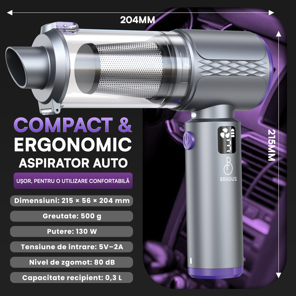 Mini Aspirator Auto Portabil, 20000 PA, Baterie 6000mAh, 130W, 110000RPM, Autonomie până la 42min, Lumină LED, Aspirare, Suflare, Vacuum, 3 Viteze, 7 Accesorii, 2 Filtre HEPA, Pentru Mașină