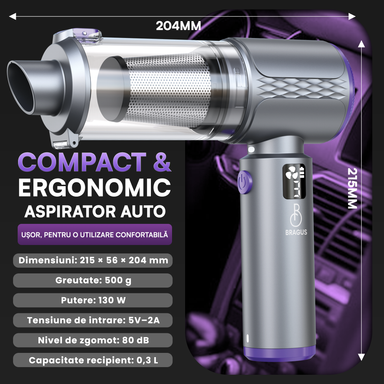 Mini Aspirator Auto Portabil, 20000 PA, Baterie 6000mAh, 130W, 110000RPM, Autonomie până la 42min, Lumină LED, Aspirare, Suflare, Vacuum, 3 Viteze, 7 Accesorii, 2 Filtre HEPA, Pentru Mașină
