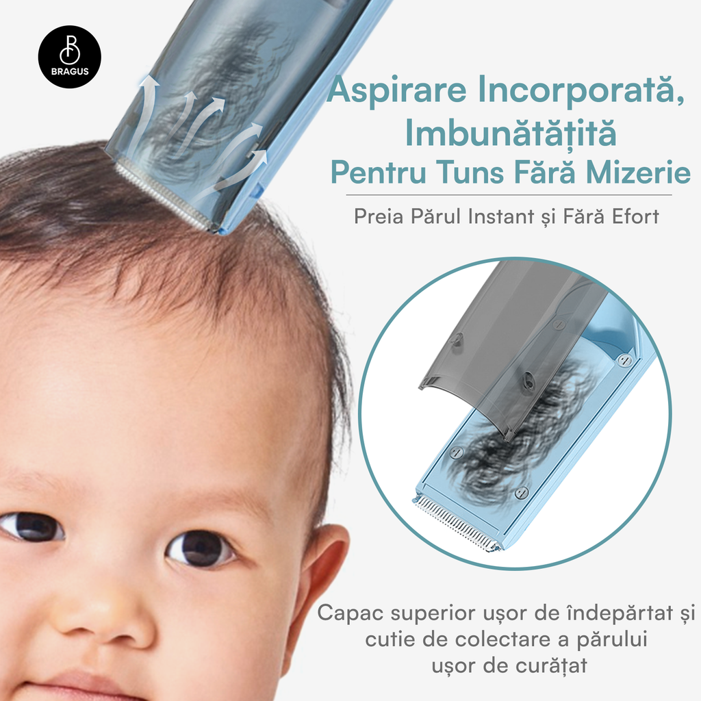 Aparat de Tuns BRAGUS Bebelusi/Adulti, Aspirare Par, IPX7, Albastru