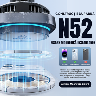 Încărcător Auto Wireless Magnetic, Încărcare Rapidă 25W, Funcție Răcire Integrată, Fixare Puternică, Protocol QI2.2, Lumină Ambientală, Adaptor 45W Inclus, Tehnologie MagSafe, Suport Pentru Telefon