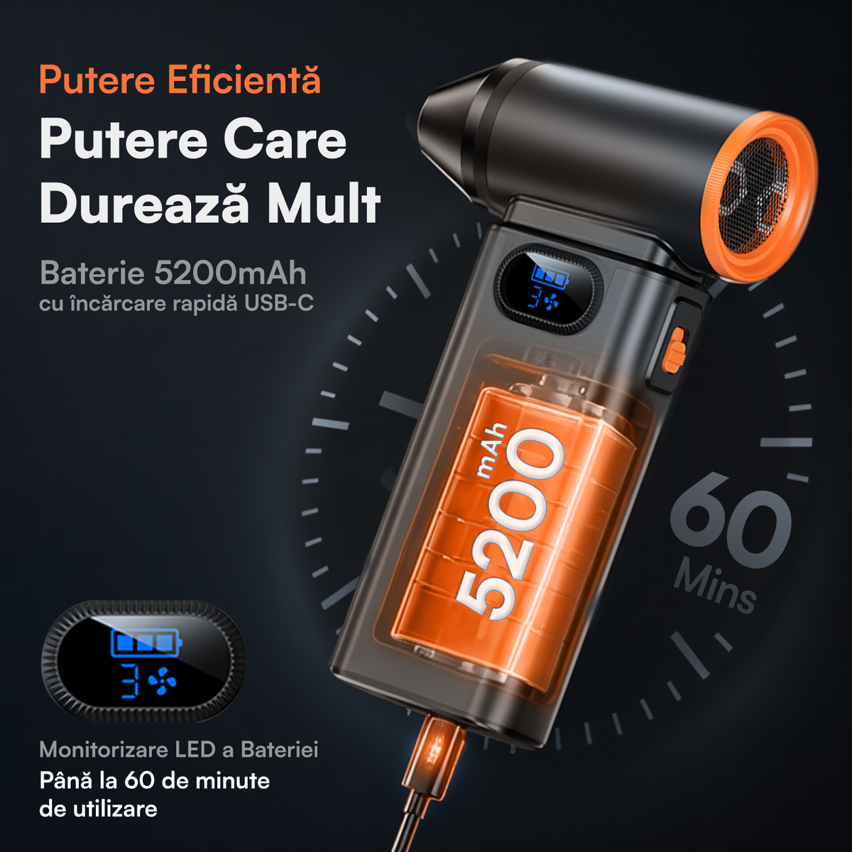 Suflantă Aer Comprimat, Portabilă, Turbo 110000 RPM, 4 Trepte de Viteză, Baterie 5200 mAh, Lumină LED, Până la 60 Minute Utilizare, Reîncărcabilă USB-C, Motor Brushless 100W, Pentru Curte sau Mașină