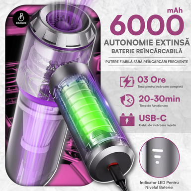 Mini Aspirator Auto Portabil, 16000 PA, Baterie 6000mAh, 100W, 90000RPM, Autonomie 30min, Aspirare, Suflare, Vacuum, 3 Viteze, 9 Accesorii, 3 Filtre HEPA Reutilizabile, Pentru Mașină și Casă
