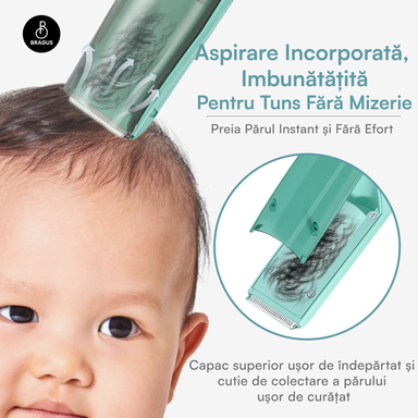 Aparat de Tuns pentru Bebelusi, Copii si Adulti, BRAGUS, 600mAh, 2 Trepte de Viteza, 2 Motoare Silentioase, Functie de Aspirare a Parului, Rezistent la Apa IPX7, Reincarcabil USB, 3 Piepteni Inclusi