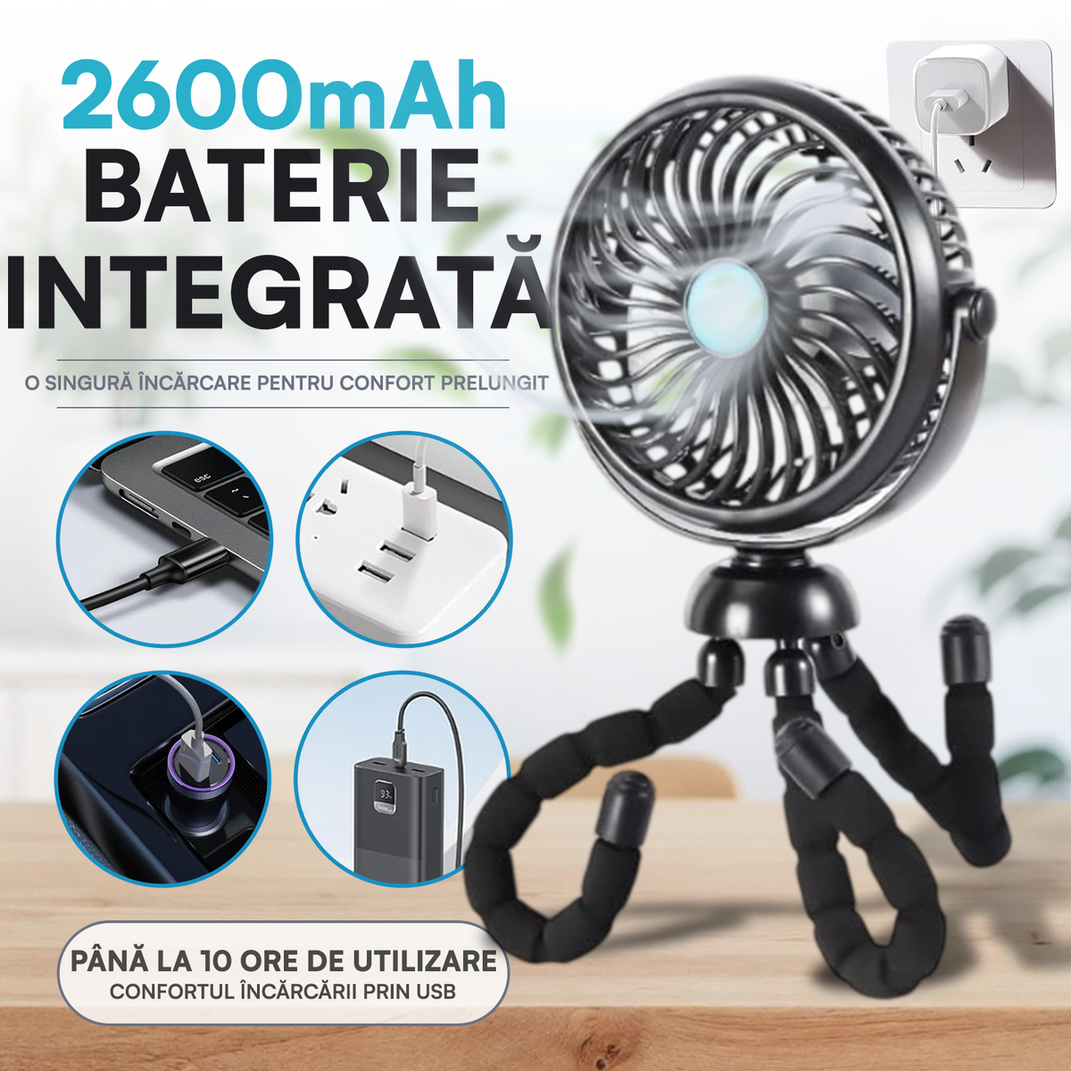 Ventilator Portabil, Trepied Flexibil și Detașabil, Baterie 2600mAh, Autonomie 10h, Reîncărcabil USB, 3 Trepte, Rotire 360, Silențios, Ventilator Mobil Birou, Călătorie, Camping, Mașină, Casă, Negru