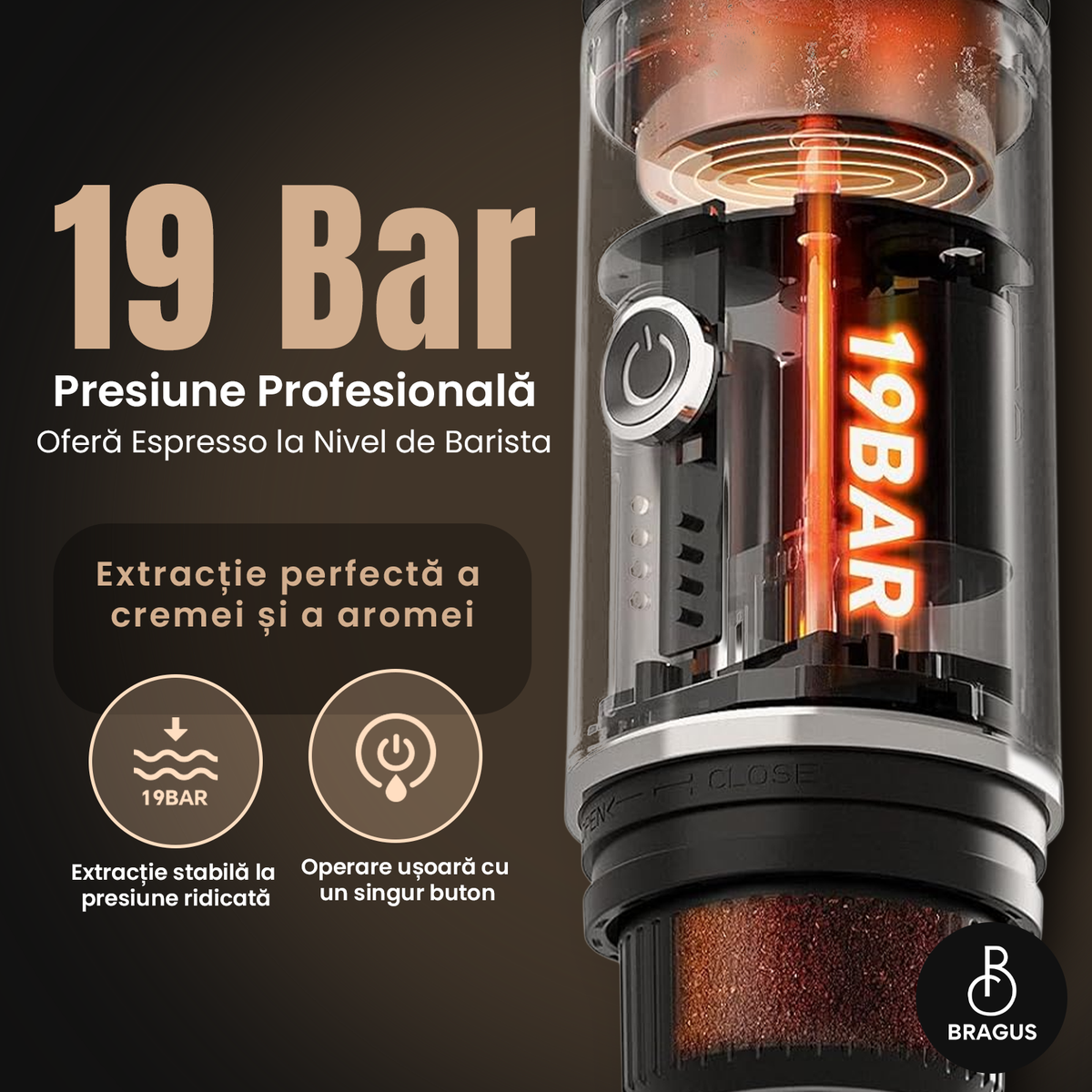 Espressor Portabil 2 în 1, Premium, pentru Cafea Măcinată sau Capsule, Reîncărcabil, Presiune 19 Bari, Baterie 7500mAh, Aparat de Cafea Portabil, Funcție de Încălzire Integrată, Încărcare Rapidă, Design Modern