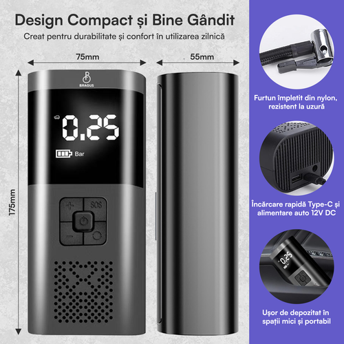 Compresor Auto Portabil, 3 în 1, Baterie 6000mAh tip Powerbank, Digital, Manometru, Lanternă LED, 150PSI, Debit 20L, Pompă Aer Mașină, 4 Accesorii, Încărcare USB, Umflare Roți, Minge, Bicicletă, Negru