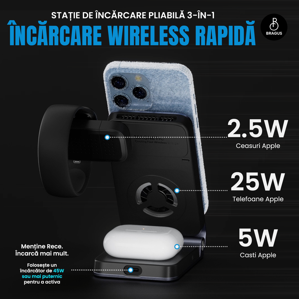 Încărcător Wireless 3 în 1, Încărcare Simultana 3 Dispozitive, Fast Charge 25W, Funcție Răcire Integrată, Tehnologie MagSafe, Protejează Bateria, QI2, Pliabil, Compact, Portabil, Compatibil Apple