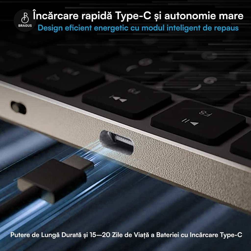 Tastatură Wireless Reîncărcabilă, BRAGUS, Bluetooth 5.1, USB, 500mAh, Ultra Subțire, Aluminiu, Conectare Simultană pe 3 Dispozitive, Compatibilă PC, Windows, Mac, iOS, Android, Type-C, 230g