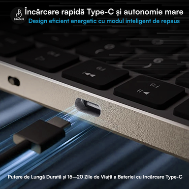 Tastatură Wireless Reîncărcabilă, BRAGUS, Bluetooth 5.1, USB, 500mAh, Ultra Subțire, Aluminiu, Conectare Simultană pe 3 Dispozitive, Compatibilă PC, Windows, Mac, iOS, Android, Type-C, 230g