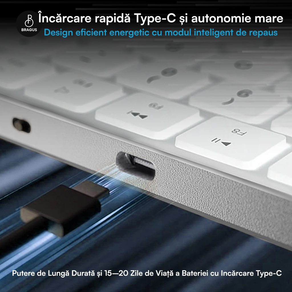 Tastatură Wireless Reîncărcabilă, BRAGUS, Bluetooth 5.1, USB, 500mAh, Ultra Subțire, Aluminiu, Conectare Simultană pe 3 Dispozitive, Compatibilă PC, Windows, Mac, iOS, Android, Type-C, 230g