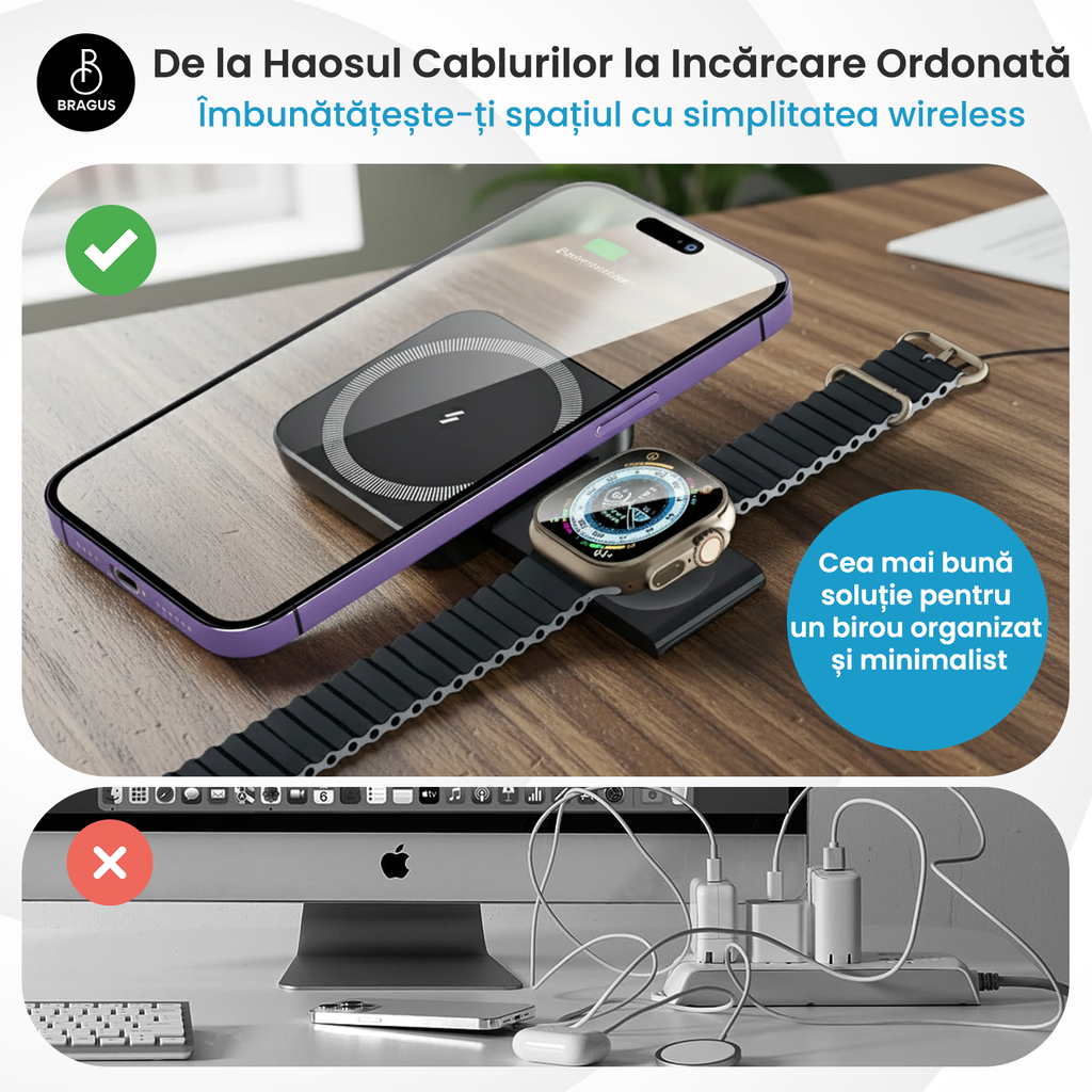 Încărcător Wireless 2 în 1, Încărcare Simultană 2 Dispozitive, Pliabil, Tehnologie MagSafe, Încărcare Duală, Magnet Puternic, Suport pentru Telefon, Compatibil iPhone, Apple Watch, AirPods, Negru