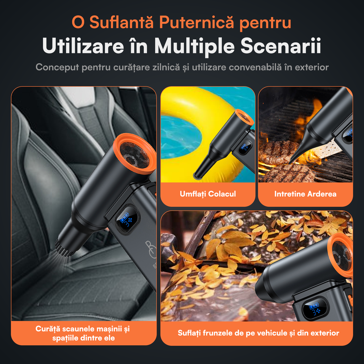 Suflantă Aer Comprimat, Portabilă, Turbo 110000 RPM, 4 Trepte de Viteză, Baterie 5200 mAh, Lumină LED, Până la 60 Minute Utilizare, Reîncărcabilă USB-C, Motor Brushless 100W, Pentru Curte sau Mașină