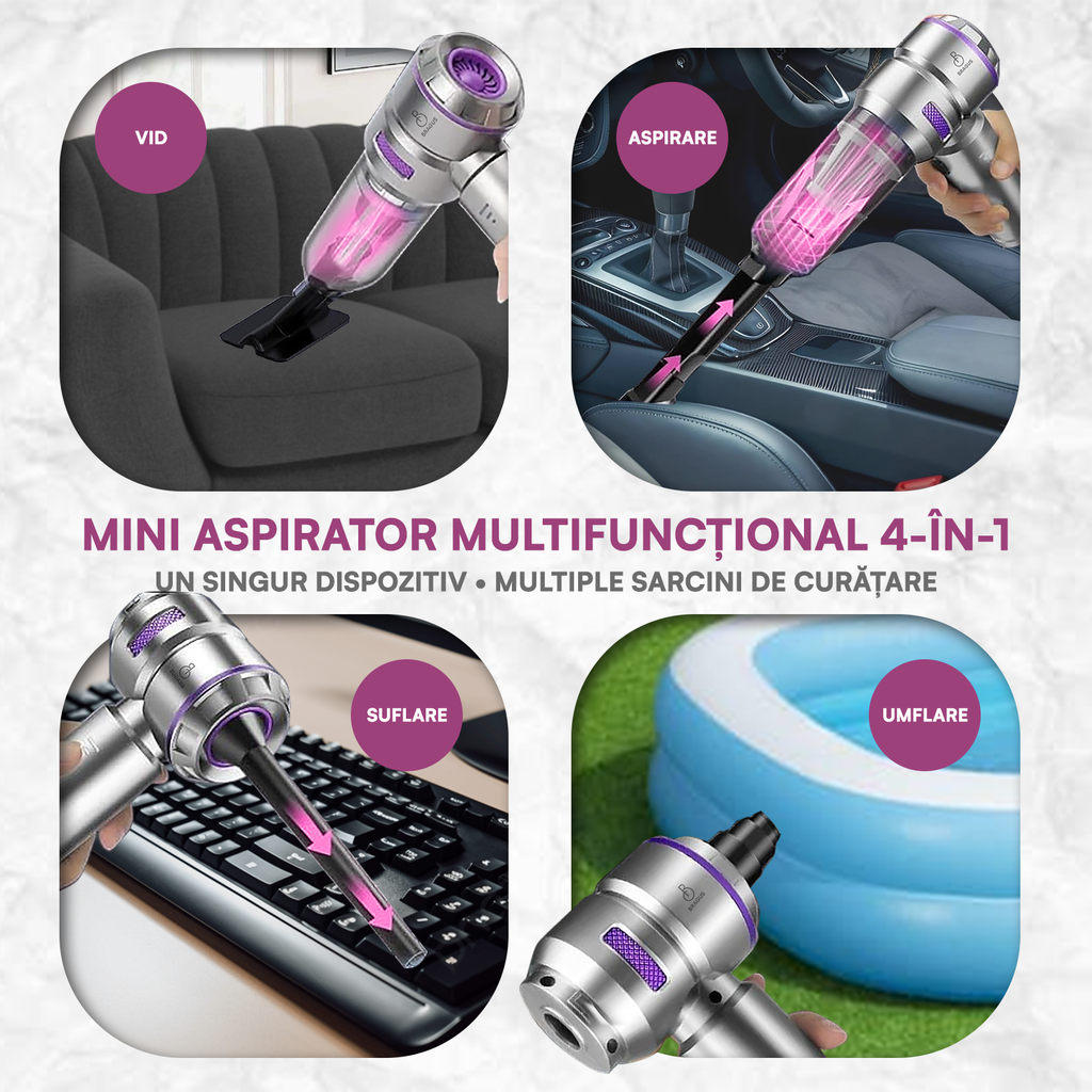 Mini Aspirator Auto Portabil, 16000 PA, Baterie 6000mAh, 100W, 90000RPM, Autonomie 30min, Aspirare, Suflare, Vacuum, 3 Viteze, 9 Accesorii, 3 Filtre HEPA Reutilizabile, Pentru Mașină și Casă
