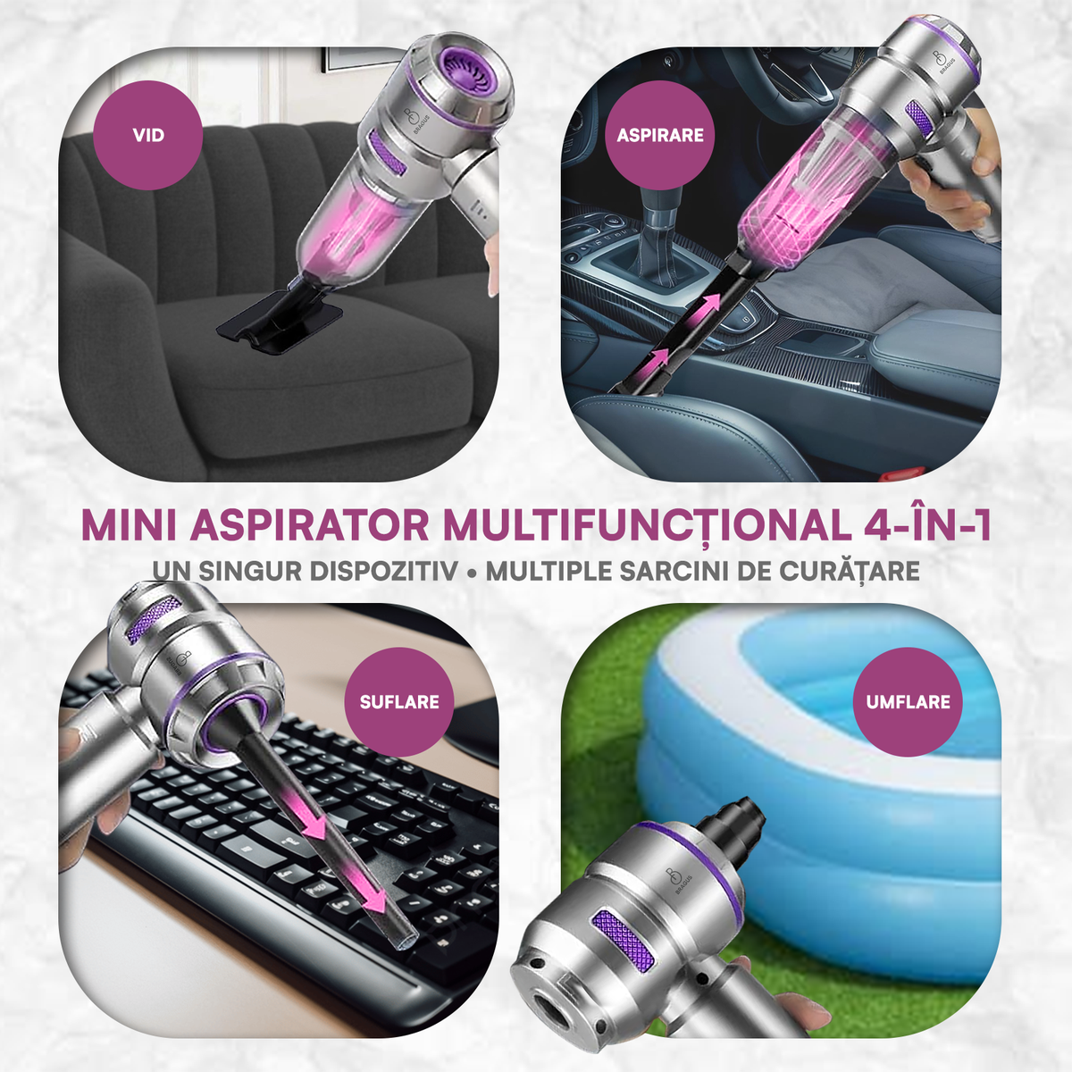Mini Aspirator Auto Portabil, 16000 PA, Baterie 6000mAh, 100W, 90000RPM, Autonomie 30min, Aspirare, Suflare, Vacuum, 3 Viteze, 9 Accesorii, 3 Filtre HEPA Reutilizabile, Pentru Mașină și Casă
