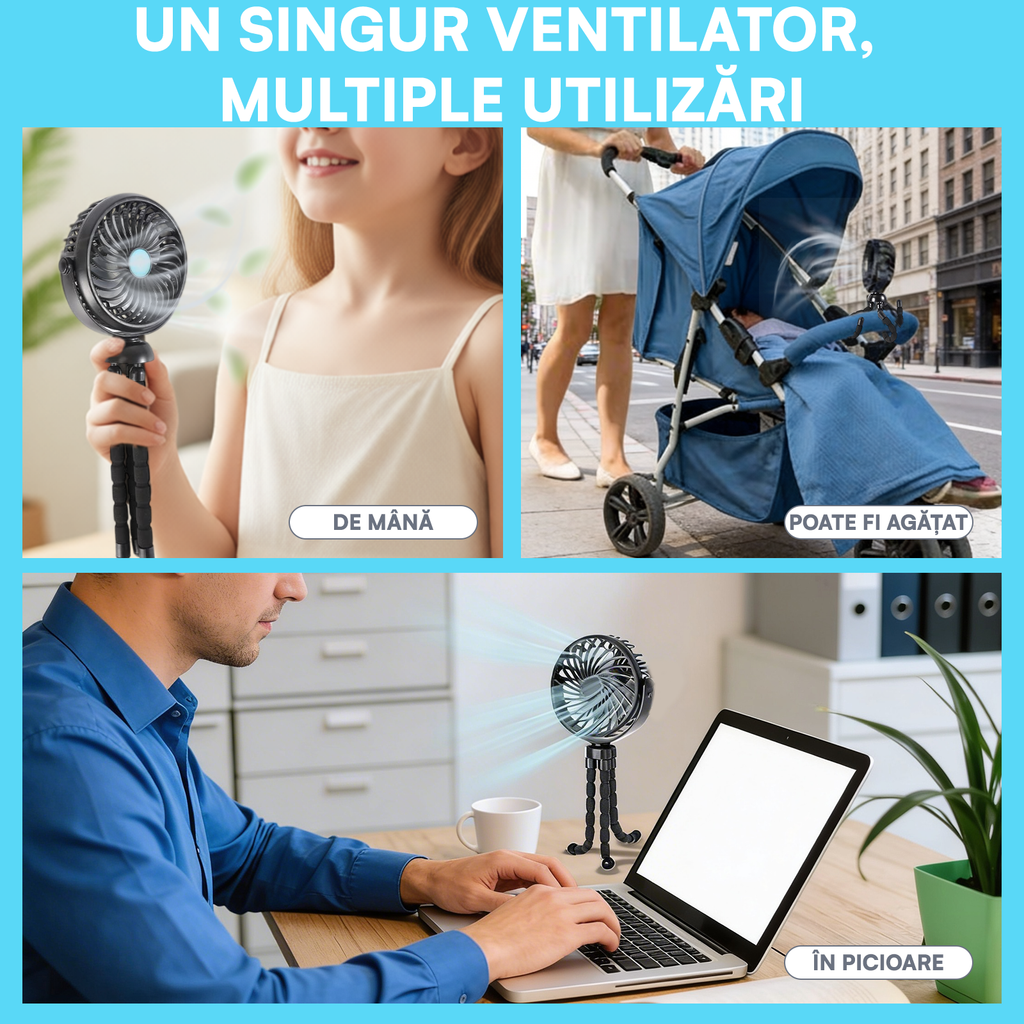 Ventilator Portabil, Trepied Flexibil și Detașabil, Baterie 2600mAh, Autonomie 10h, Reîncărcabil USB, 3 Trepte, Rotire 360, Silențios, Ventilator Mobil Birou, Călătorie, Camping, Mașină, Casă, Negru
