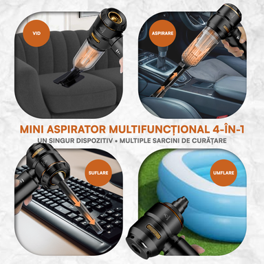 Mini Aspirator Auto Portabil, 16000 PA, Baterie 6000mAh, 100W, 90000RPM, Autonomie 30min, Aspirare, Suflare, Vacuum, 3 Viteze, 9 Accesorii, 3 Filtre HEPA Reutilizabile, Pentru Mașină și Casă
