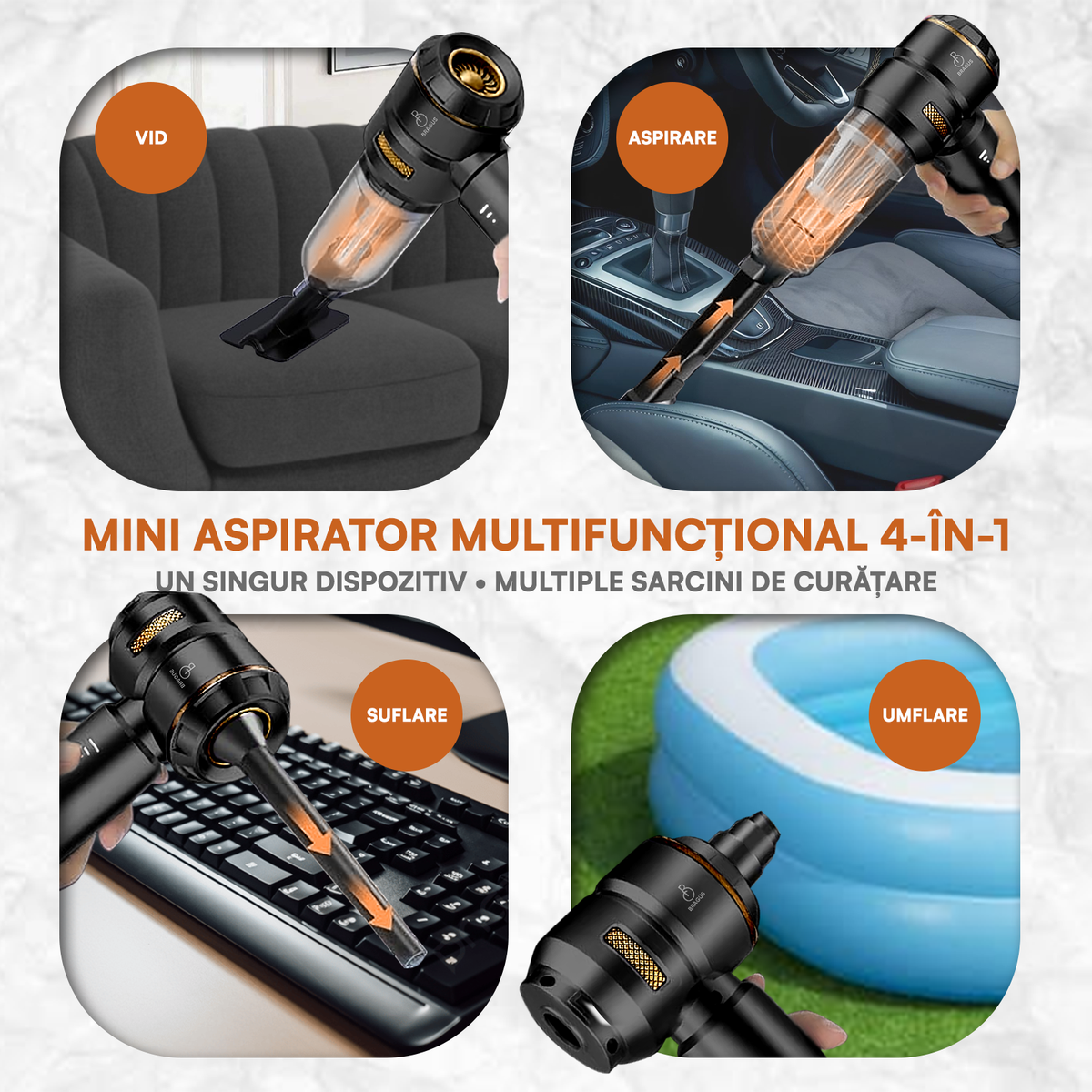 Mini Aspirator Auto Portabil, 16000 PA, Baterie 6000mAh, 100W, 90000RPM, Autonomie 30min, Aspirare, Suflare, Vacuum, 3 Viteze, 9 Accesorii, 3 Filtre HEPA Reutilizabile, Pentru Mașină și Casă